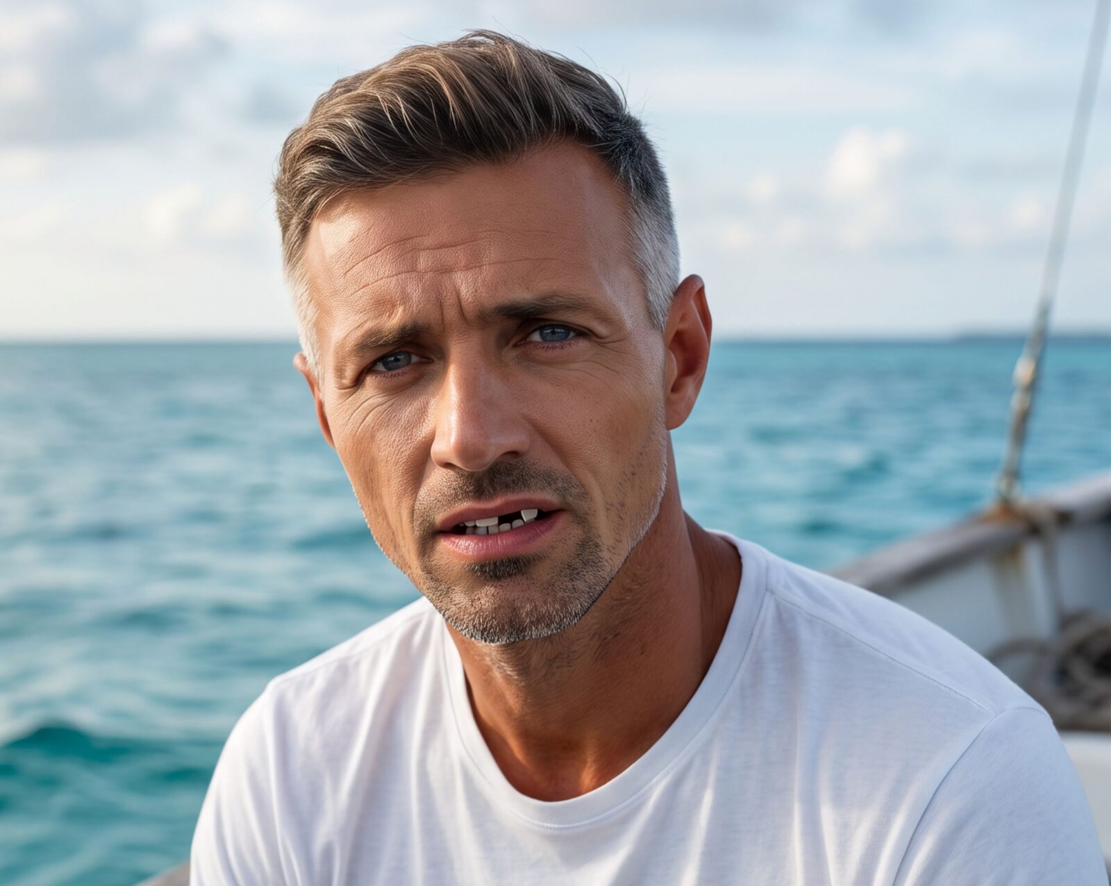 Concerned looking man on a boat showing that he has a chipped tooth